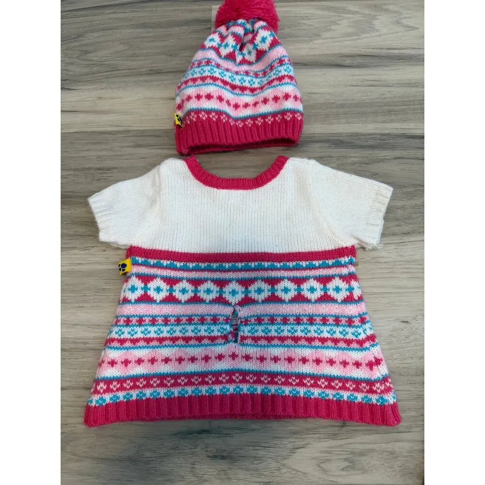 Build A Bear Scarf Hat Jumper Matching Boots Outfit Winter Pink White Patterned